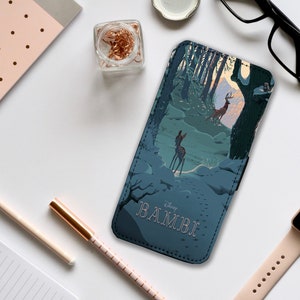 Capa de celular tipo carteira com compartimentos para cartões, capa de celular de couro personalizada, capa de celular personalizada, Disney Bambi - Adicione seu nome!