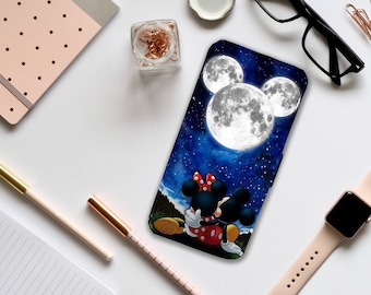 Étui de téléphone portefeuille avec inserts pour cartes, housse de téléphone en cuir personnalisée, coque de téléphone personnalisée, Disney Mickey et Minnie à Disneyland