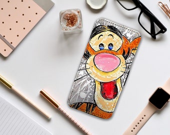 Wallet Phone Cover with Card Inserts, Personalised Leather Phone Cover, Custom Phone Case, Disney Winnie Pooh, Tigger - Add your name!