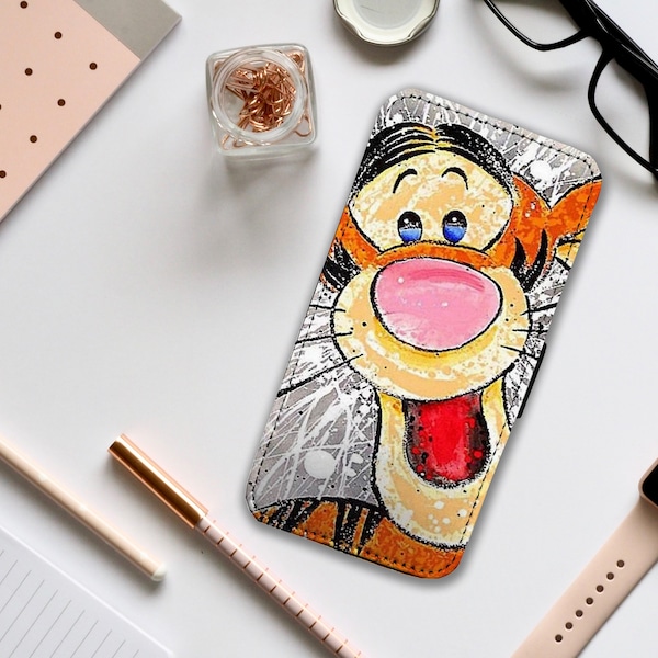 Wallet Phone Cover with Card Inserts, Personalised Leather Phone Cover, Custom Phone Case, Disney Winnie Pooh, Tigger - Add your name!