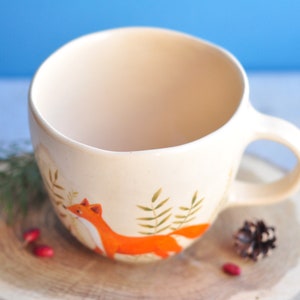 Handpainted beige mug with cute fox, Handmade ceramic coffee mug, Pottery mug, Tea cup, Coffee cup, Coffee Lovers Gift image 5