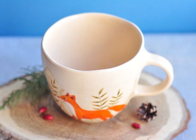 Handpainted beige mug with cute fox, Handmade ceramic coffee mug, Pottery mug, Tea cup, Coffee cup, Coffee Lovers Gift image 5