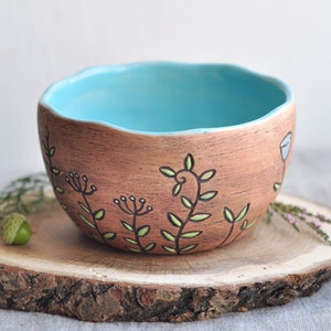 Brown ceramic bowl with herbs & flowers, Pottery cereal bowls, Pottery dinnerware, Rice bowl, Ceramic dinnerware, Noodle bowl, Soup bowl image 3