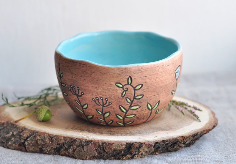 Brown ceramic bowl with herbs & flowers, Pottery cereal bowls, Pottery dinnerware, Rice bowl, Ceramic dinnerware, Noodle bowl, Soup bowl image 3