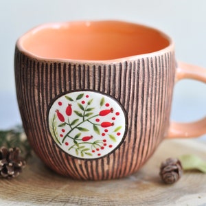 Handpainted brown mug with herbs, Handmade ceramic coffee mug, Pottery mug, Tea cup, Stoneware mug, Ceramic coffee cup, Coffee Lovers Gift image 2