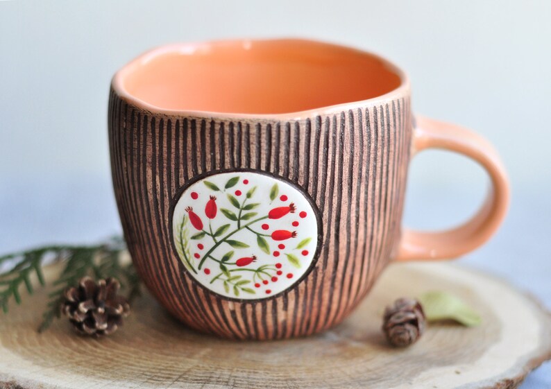 Handpainted brown mug with herbs, Handmade ceramic coffee mug, Pottery mug, Tea cup, Stoneware mug, Ceramic coffee cup, Coffee Lovers Gift image 2