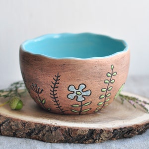 Brown ceramic bowl with herbs & flowers, Pottery cereal bowls, Pottery dinnerware, Rice bowl, Ceramic dinnerware, Noodle bowl, Soup bowl image 5