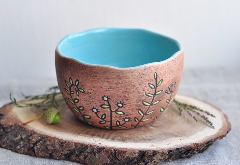 Brown ceramic bowl with herbs & flowers, Pottery cereal bowls, Pottery dinnerware, Rice bowl, Ceramic dinnerware, Noodle bowl, Soup bowl image 2