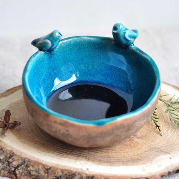 Turquoise ceramic bowl, Pottery key dish, Key bowl, Ring Jewellery bowl, bowls with birds, Ceramic bird, Ceramic ring dish, Trinket dish