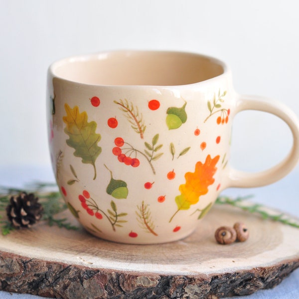 Handpainted beige mug with autumn pattern, Handmade pottery coffee mug, Tea cup, Coffee Lovers Gift