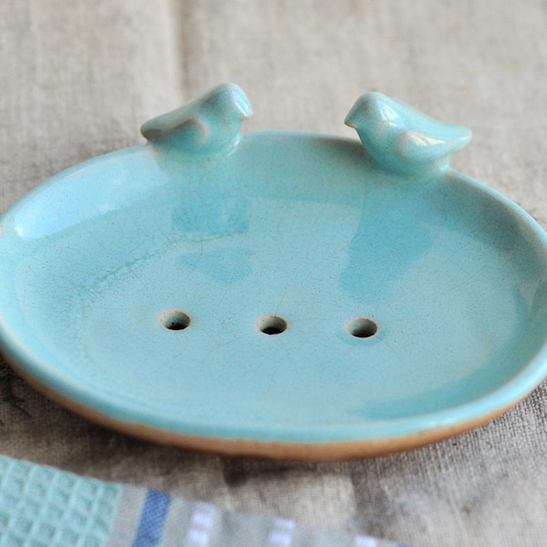 Light blue ceramic soap dish with birds, Clay soap dish, Stoneware sponge holder, Bathroom rustic decor,  Pottery soap dish, Ceramic bird