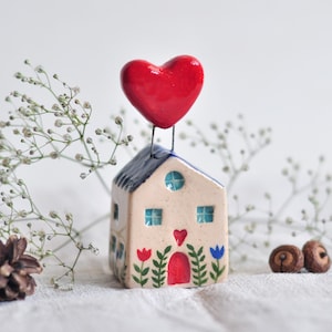 Ceramic house with red heart, Cute Sculpture, Pottery Figurines, Pottery handmade, Ceramic art, Home decor, Little heart house, Clay houses