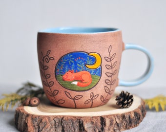 Handpainted brown mug with sleeping fox, Handmade ceramic coffee mug, Pottery mug, Ceramic Tea cup, Stoneware mug, Coffee Lovers Gift, Foxes