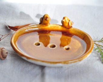 Ocher ceramic soap dish with birds, Clay soap dish, Stoneware sponge holder, Bathroom rustic decor,  Pottery gold soap dish, ceramic bird