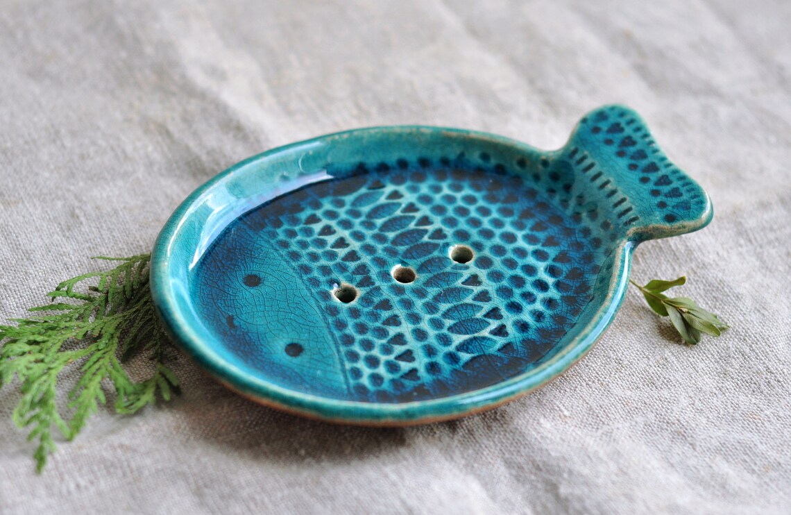 Blue Ceramic Fish Shaped Soap Dish Clay Soap Dish Blue Etsy