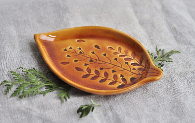Ocher jewelry dish Unique wedding dish Ceramic leaf Gift for Her Trinket dish Bridesmaid gift Wedding ring holder Ceramic ring dish