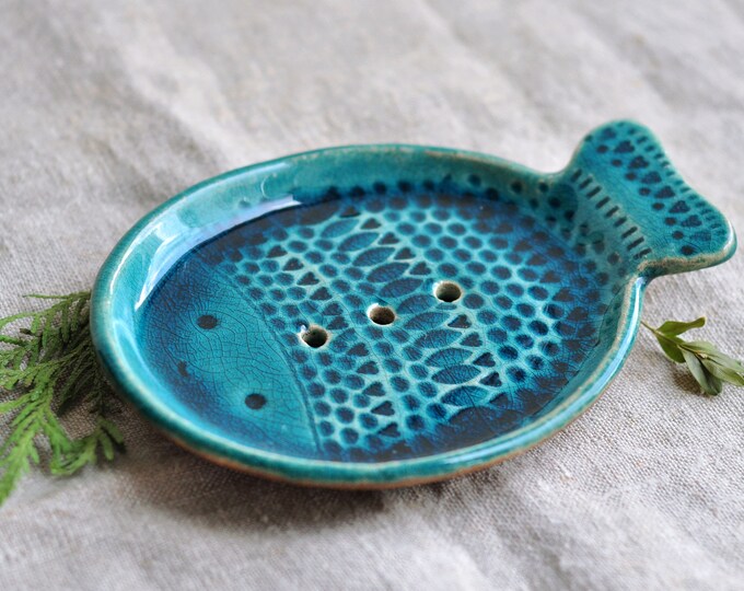 Turquoise Ceramic Fish Shaped Soap Dish, Clay Soap Dish, Blue Stoneware