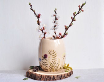 Oval beige ceramic vase with field herbs, Home decor, Stoneware modern vase, Ikebana vases, Small pottery flower vase, Housewarming gift