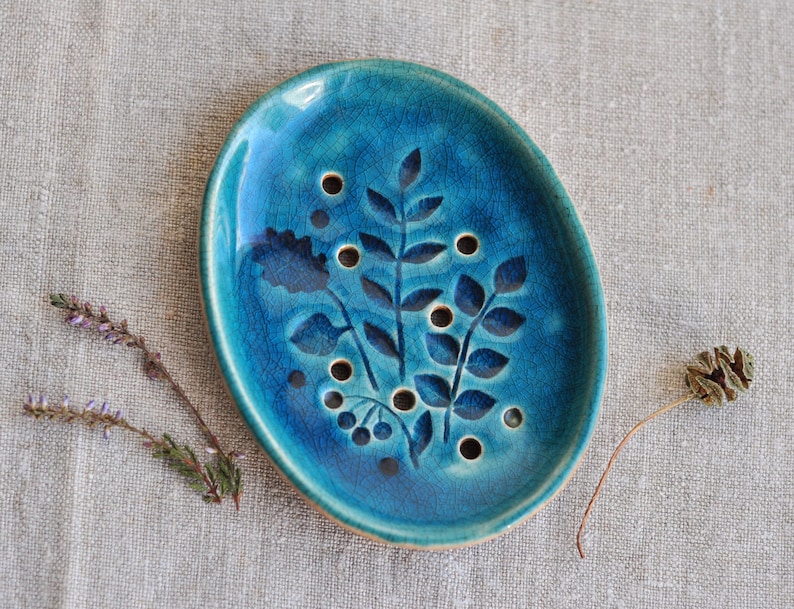 Turquoise ceramic soap dish with plants Clay soap dish Etsy