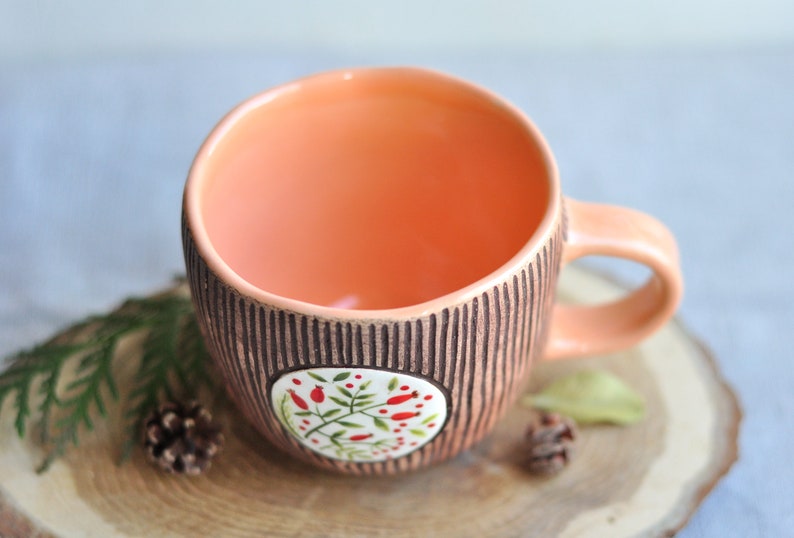 Handpainted brown mug with herbs, Handmade ceramic coffee mug, Pottery mug, Tea cup, Stoneware mug, Ceramic coffee cup, Coffee Lovers Gift image 4