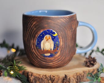 Handbemalter brauner Becher mit Eule, handgemachte Keramikkaffeetasse, Keramiktasse, Keramikteetasse, Steinzeugtasse, Geschenk für Kaffeeliebhaber, einzigartiges Geschenk