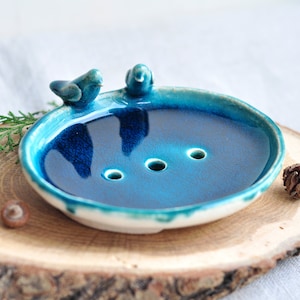 Turquoise ceramic soap dish with birds, Clay soap dish, Stoneware sponge holder, Bathroom rustic decor,  Pottery blue soap dish