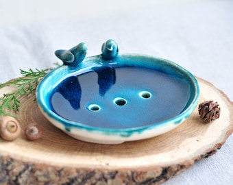 Turquoise ceramic soap dish with birds, Clay soap dish, Stoneware sponge holder, Bathroom rustic decor,  Pottery blue soap dish