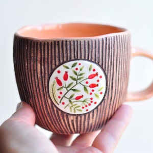 Handpainted brown mug with herbs, Handmade ceramic coffee mug, Pottery mug, Tea cup, Stoneware mug, Ceramic coffee cup, Coffee Lovers Gift image 6