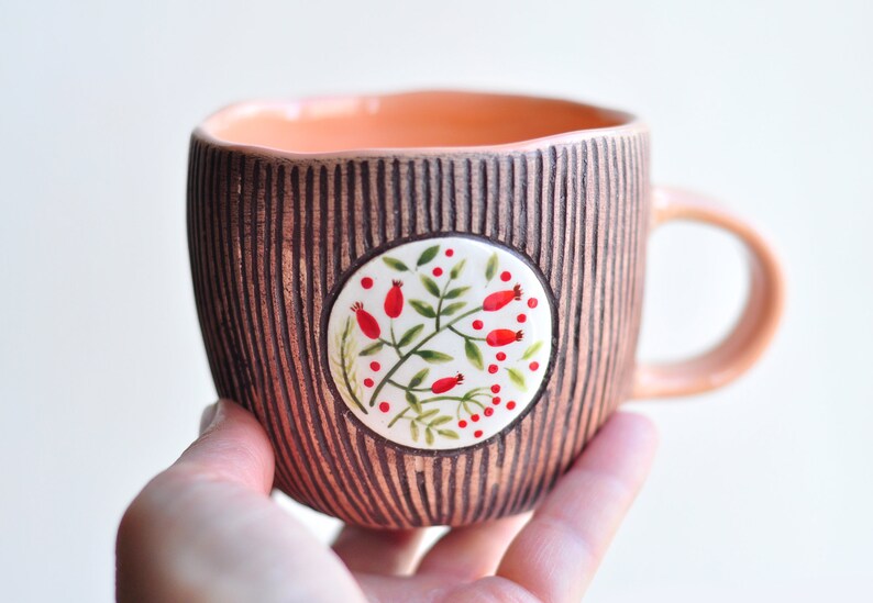 Handpainted brown mug with herbs, Handmade ceramic coffee mug, Pottery mug, Tea cup, Stoneware mug, Ceramic coffee cup, Coffee Lovers Gift image 6