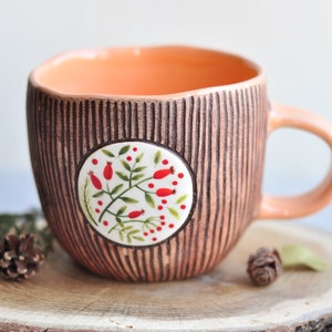 Handpainted brown mug with herbs, Handmade ceramic coffee mug, Pottery mug, Tea cup, Stoneware mug, Ceramic coffee cup, Coffee Lovers Gift image 1