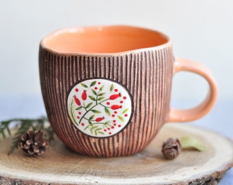 Handpainted brown mug with herbs, Handmade ceramic coffee mug, Pottery mug, Tea cup, Stoneware mug, Ceramic coffee cup, Coffee Lovers Gift