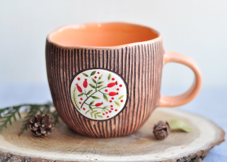 Handpainted brown mug with herbs, Handmade ceramic coffee mug, Pottery mug, Tea cup, Stoneware mug, Ceramic coffee cup, Coffee Lovers Gift image 1