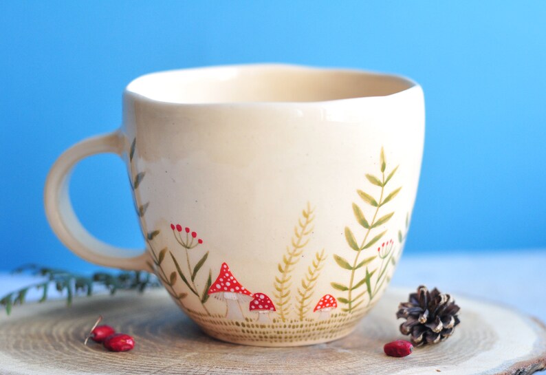 Handpainted beige mug with cute fox, Handmade ceramic coffee mug, Pottery mug, Tea cup, Coffee cup, Coffee Lovers Gift image 4