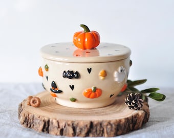 Unique Ceramic Jewelry Box with pumpkin, Treasures Ring Boxes, Handmade Original Halloween pottery gift