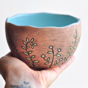 Brown ceramic bowl with herbs & flowers, Pottery cereal bowls, Pottery dinnerware, Rice bowl, Ceramic dinnerware, Noodle bowl, Soup bowl image 10