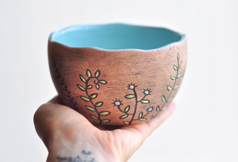 Brown ceramic bowl with herbs & flowers, Pottery cereal bowls, Pottery dinnerware, Rice bowl, Ceramic dinnerware, Noodle bowl, Soup bowl image 10