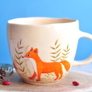 Handpainted beige mug with cute fox, Handmade ceramic coffee mug, Pottery mug, Tea cup, Coffee cup, Coffee Lovers Gift image 2