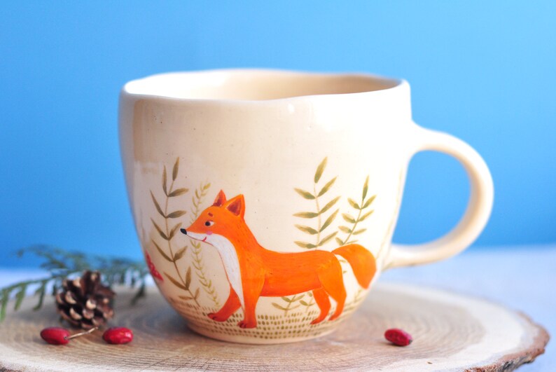 Handpainted beige mug with cute fox, Handmade ceramic coffee mug, Pottery mug, Tea cup, Coffee cup, Coffee Lovers Gift image 2