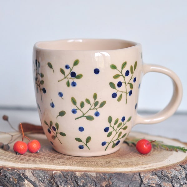 Handpainted beige mug with blueberries, Hand-painted coffee mug, Pottery mug, Tea cup, Stoneware mug, Ceramic coffee cup, Coffee Lovers Gift