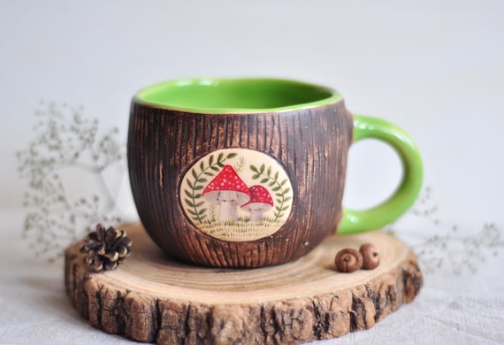 Handmade Ceramic Mushroom Mug: Brown Stoneware Coffee Cup
