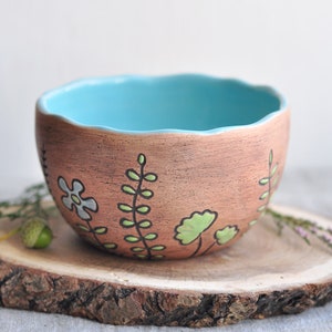 Brown ceramic bowl with herbs & flowers, Pottery cereal bowls, Pottery dinnerware, Rice bowl, Ceramic dinnerware, Noodle bowl, Soup bowl image 4