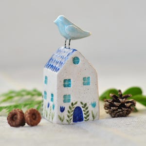 Ceramic house with blue bird, Cute Sculpture, Pottery Figurines, Pottery handmade, Ceramic art, Home decor, Little birdie house, Clay houses