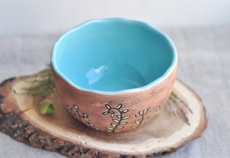 Brown ceramic bowl with herbs & flowers, Pottery cereal bowls, Pottery dinnerware, Rice bowl, Ceramic dinnerware, Noodle bowl, Soup bowl image 7