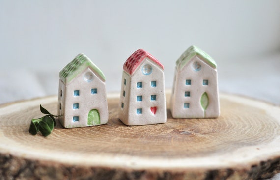 Set Of Three Ceramic Houses Cute Sculpture Pottery Etsy