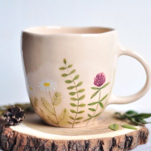 Handpainted beige mug with herbs, Handmade ceramic coffee mug, Pottery mug, Tea cup, Stoneware mug, Ceramic coffee cup, Coffee Lovers Gift