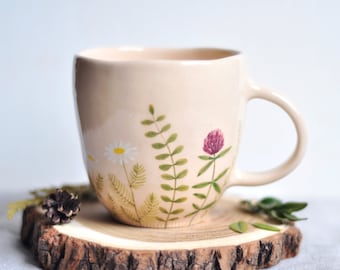 Handpainted beige mug with herbs, Handmade ceramic coffee mug, Pottery mug, Tea cup, Stoneware mug, Ceramic coffee cup, Coffee Lovers Gift