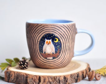 Handpainted brown mug with owl, Handmade ceramic coffee mug, Pottery mug, Tea cup, Stoneware mug, Ceramic coffee cup, Coffee Lovers Gift