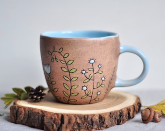 Handmade Ceramic Coffee Mug: Brown Stoneware Tea Cup with Floral Design