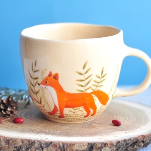 Handpainted beige mug with cute fox, Handmade ceramic coffee mug, Pottery mug, Tea cup, Coffee cup, Coffee Lovers Gift image 1