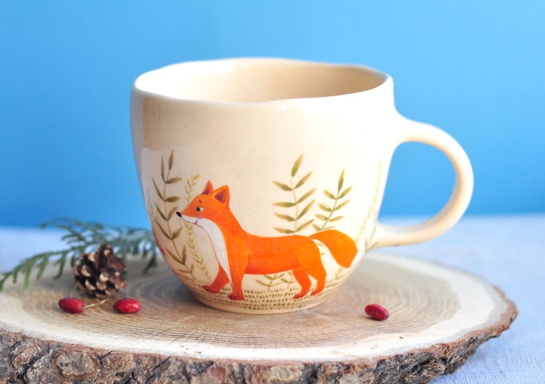 Handpainted beige mug with cute fox, Handmade ceramic coffee mug, Pottery mug, Tea cup, Coffee cup, Coffee Lovers Gift image 1